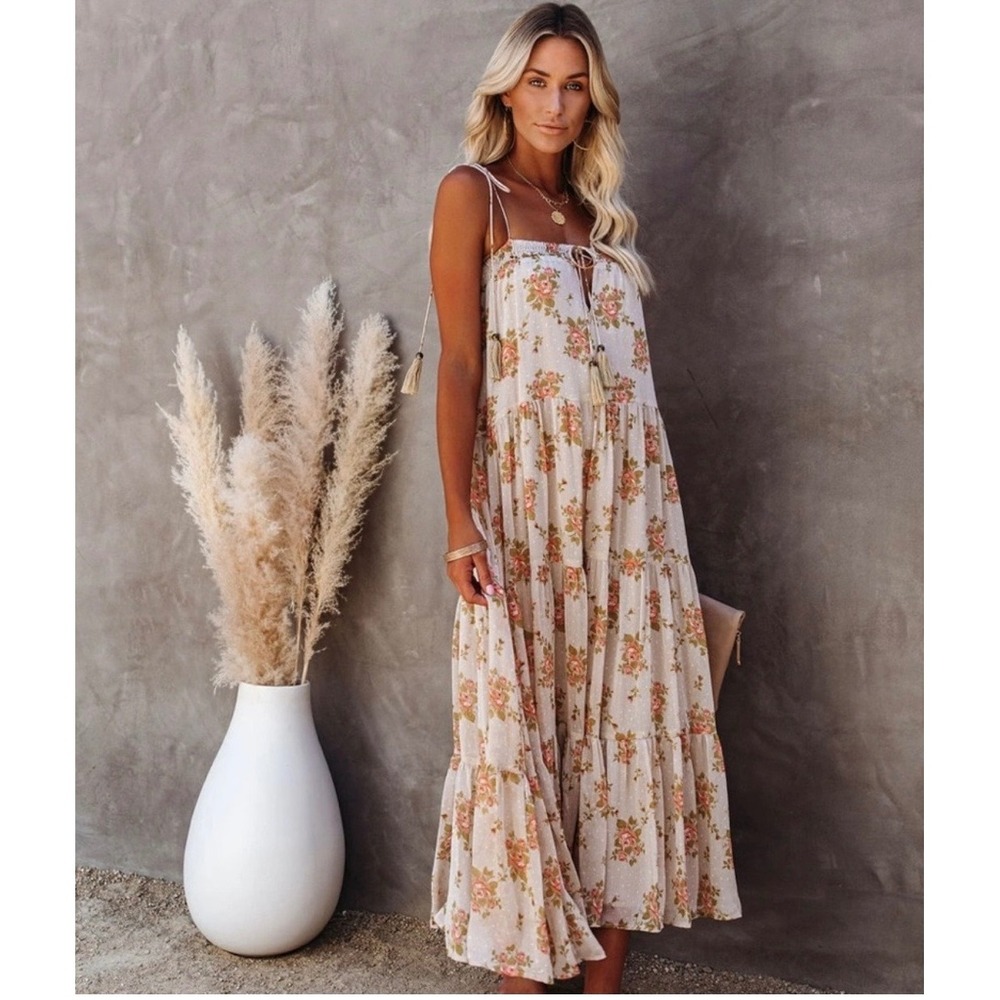 Storia Women's Small Floral Tiered Midi Dress Tassel Boho Cottagecore